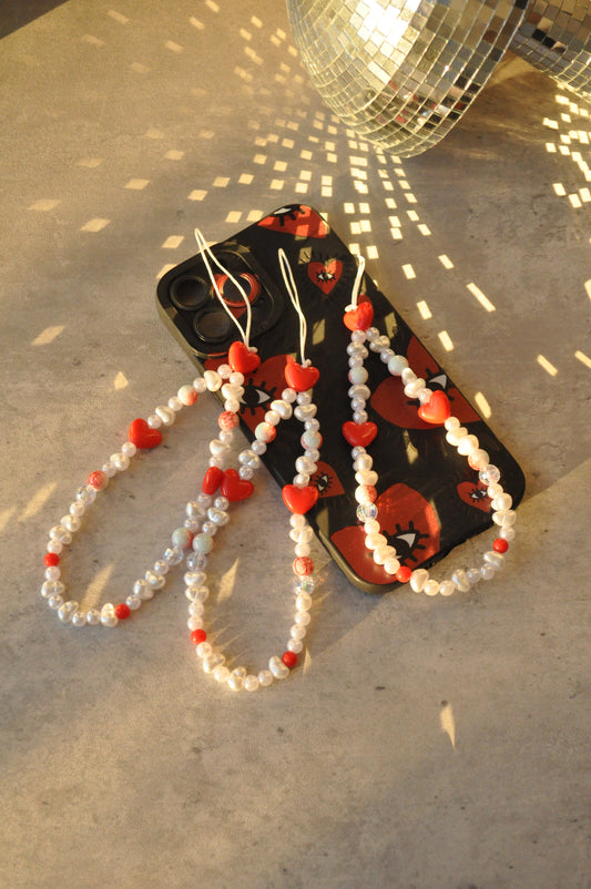Red & Blue Heart Beaded Phone Strap