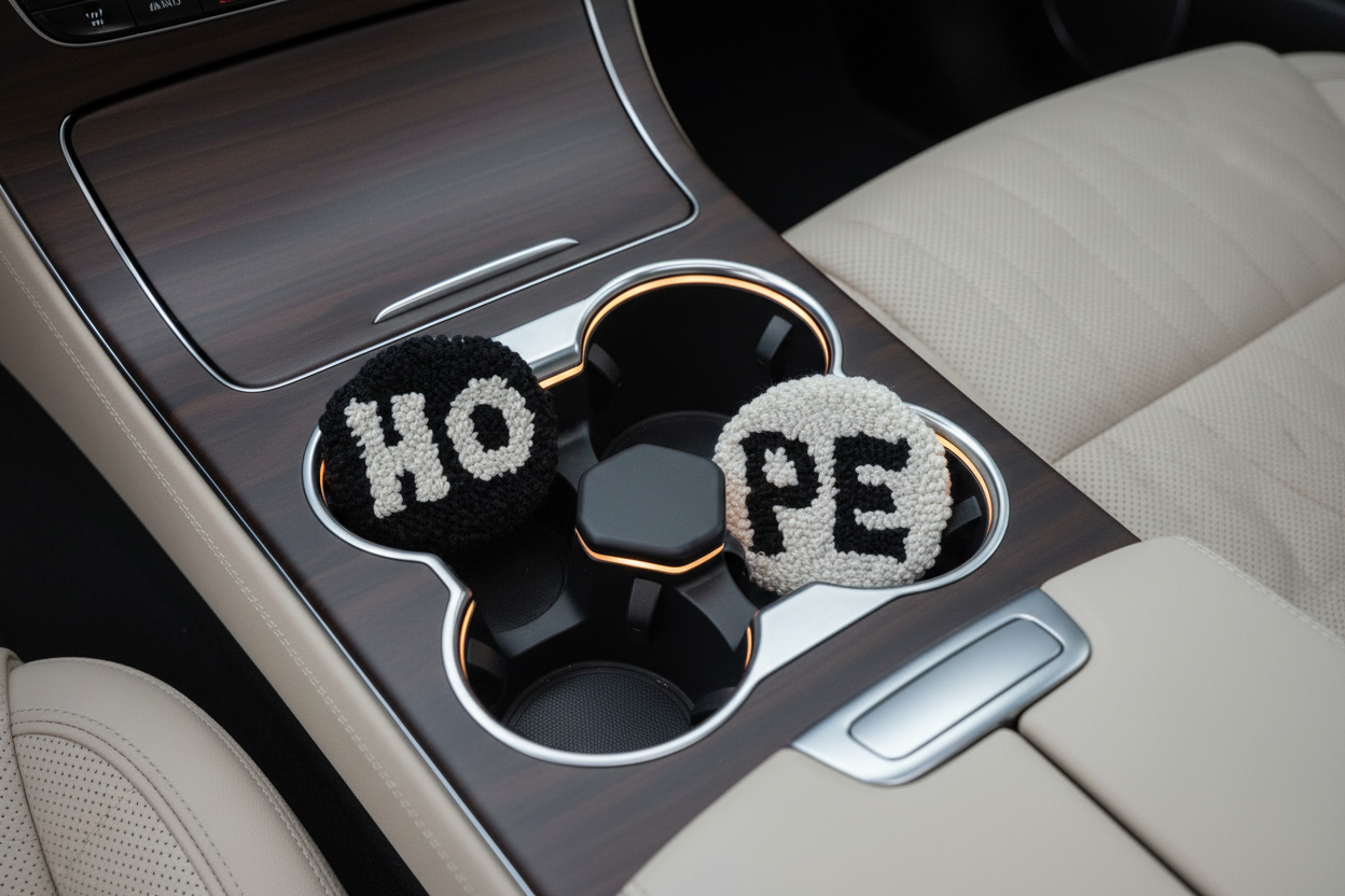 Car gear shift cover with 'HOPE' text on a beige car interior.