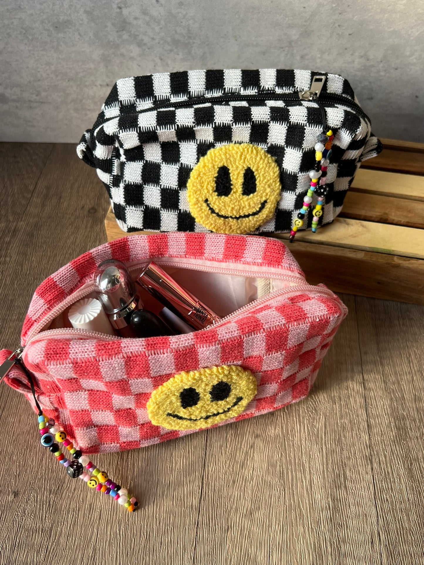 Checkered Tufted Smiley Make-up Bag