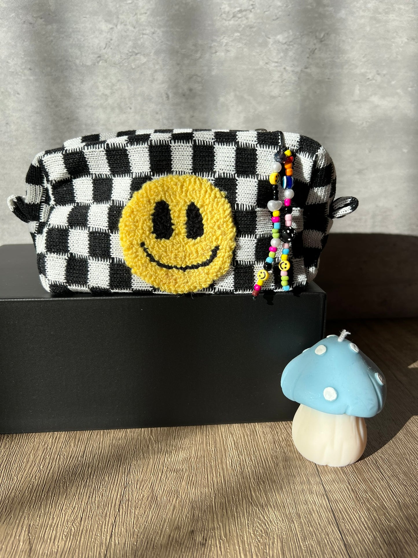 Checkered Tufted Smiley Make-up Bag