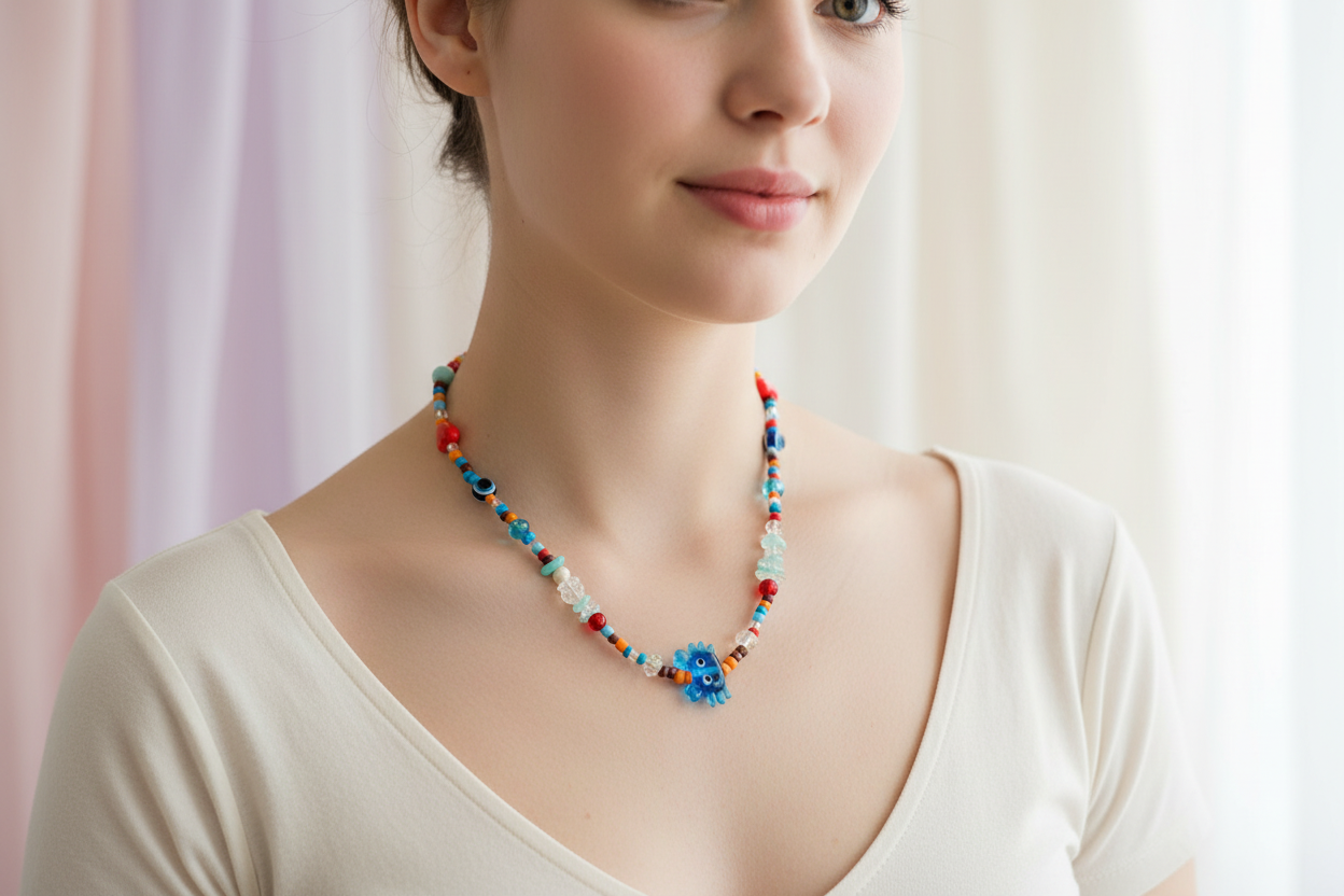 Colorful beaded necklace with floral elements on a textured stone surface