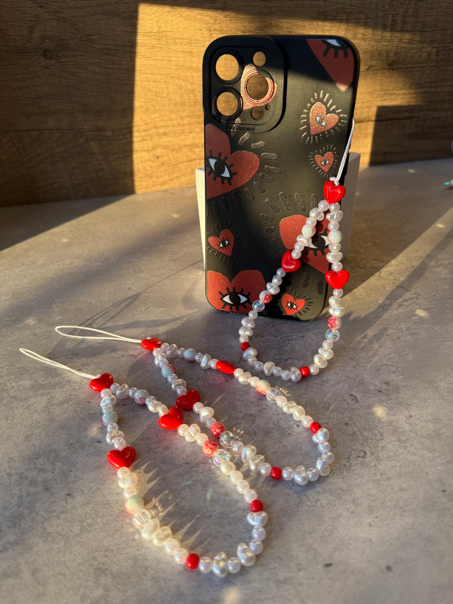 Red & Blue Heart Beaded Phone Strap