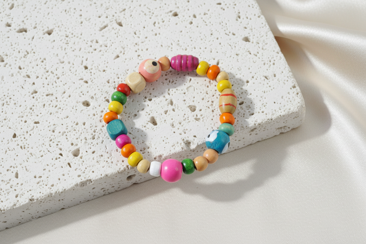 Colorful beaded bracelet on a textured surface