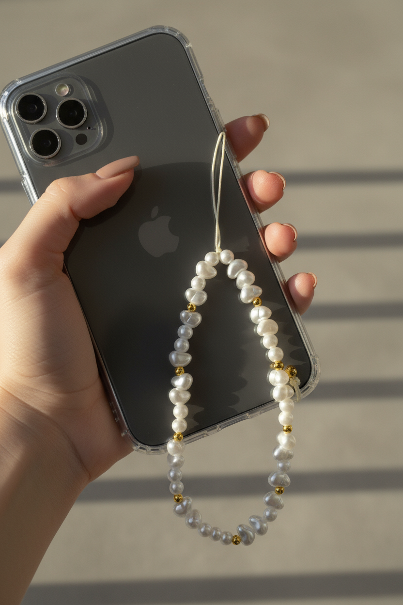 Hand holding a smartphone with a pearl phone charm hanging from it against a neutral background
