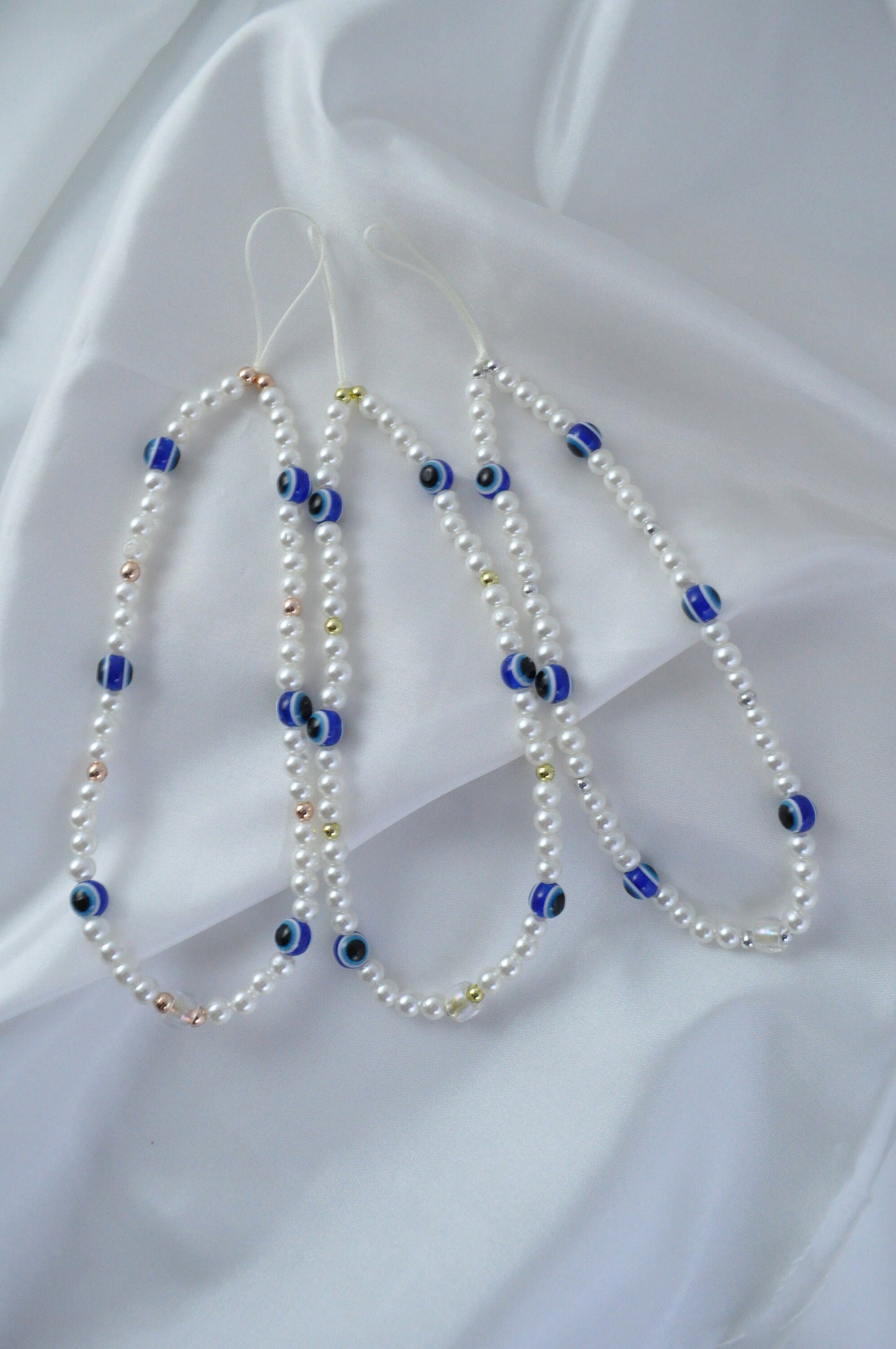 Protective Evil Eye Phone Charm Strap | Personalised Beaded Phone Strap | Handmade Pearl Beaded Accessory