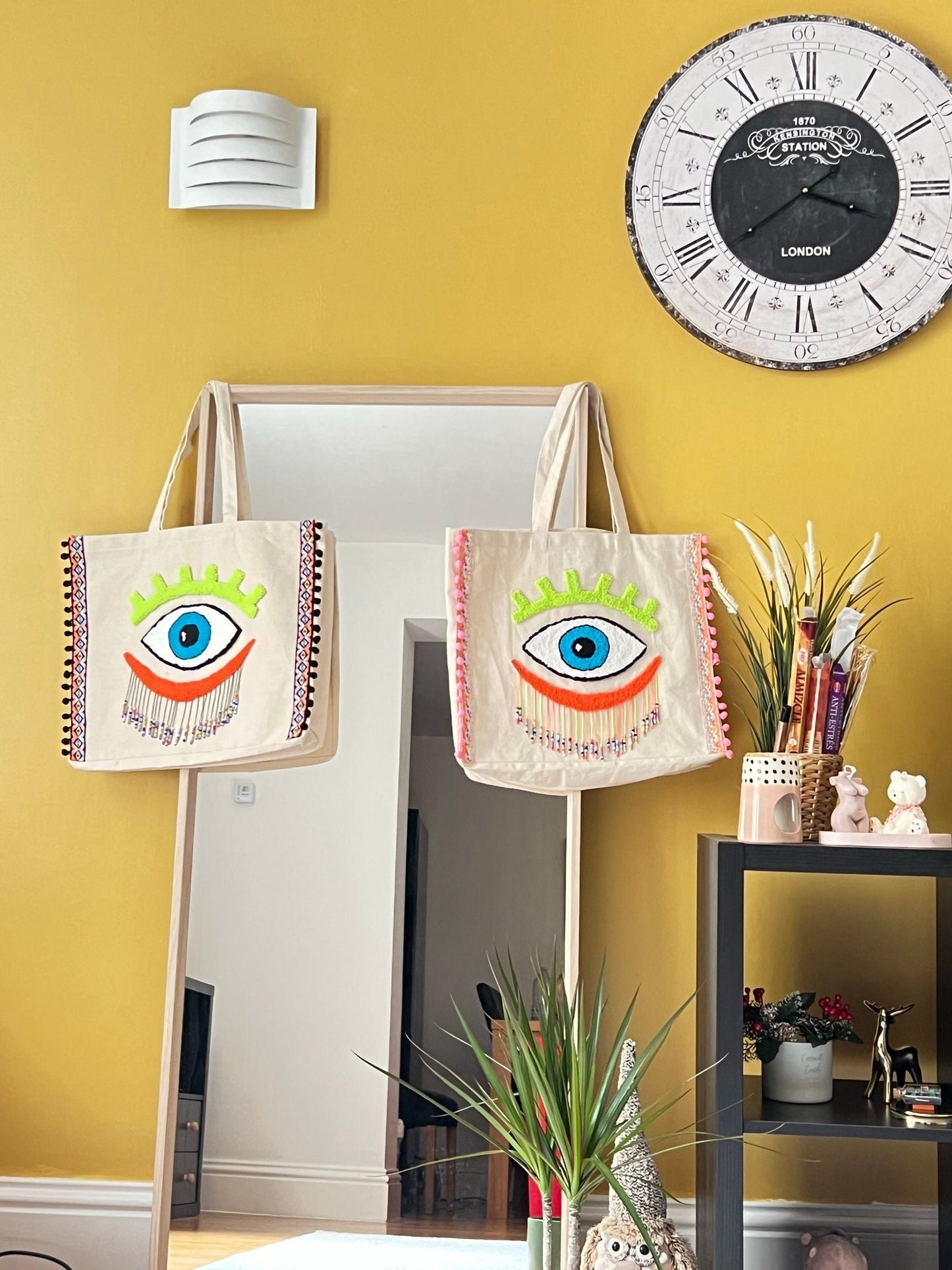 Boho Canvas Punch Needle Tote Bag