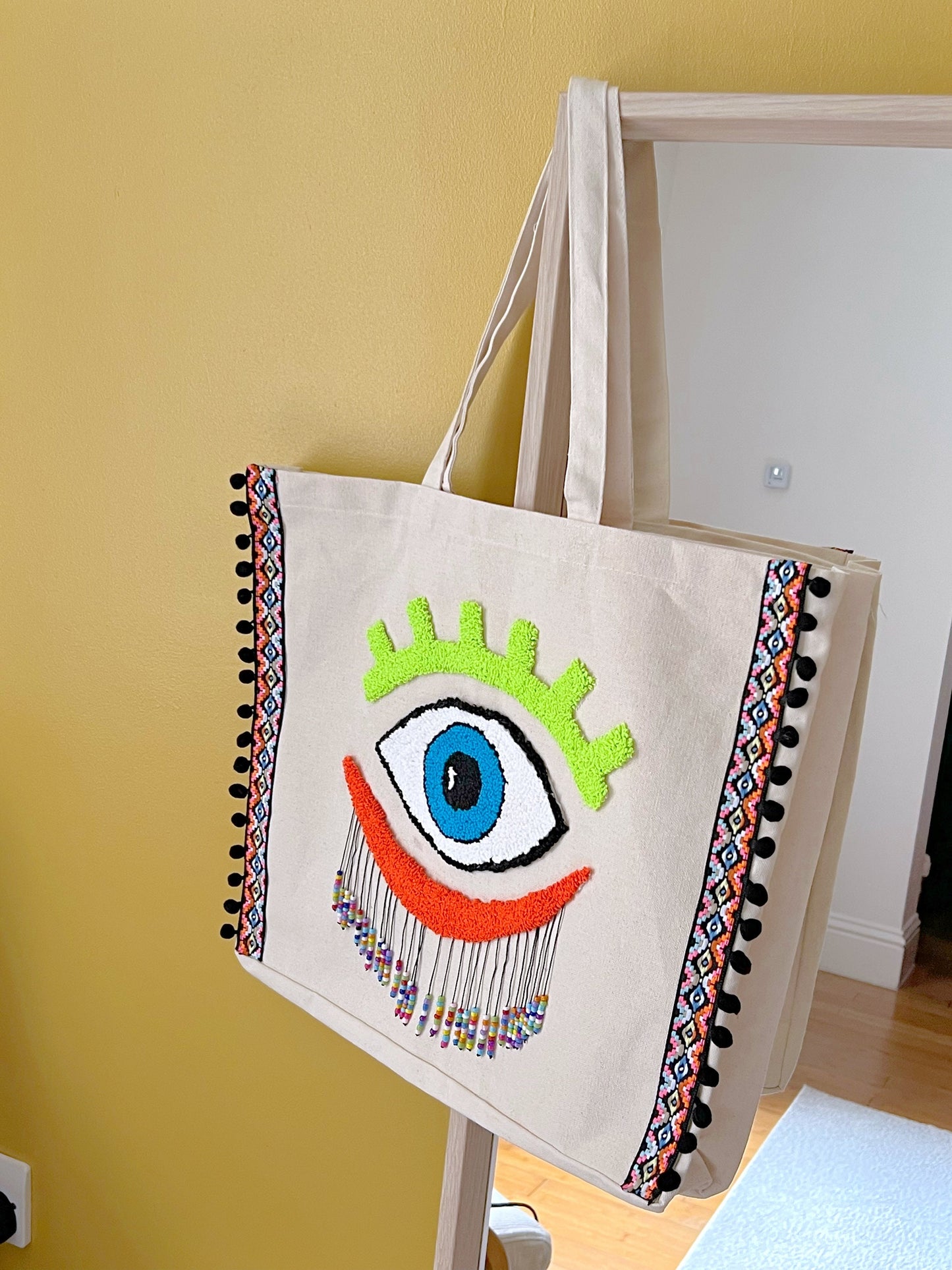 Boho Canvas Punch Needle Tote Bag