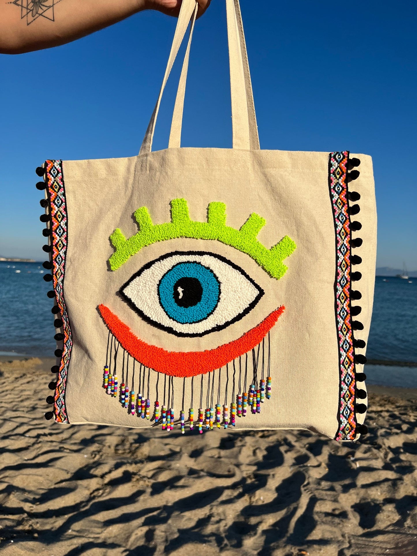 Boho Canvas Punch Needle Tote Bag