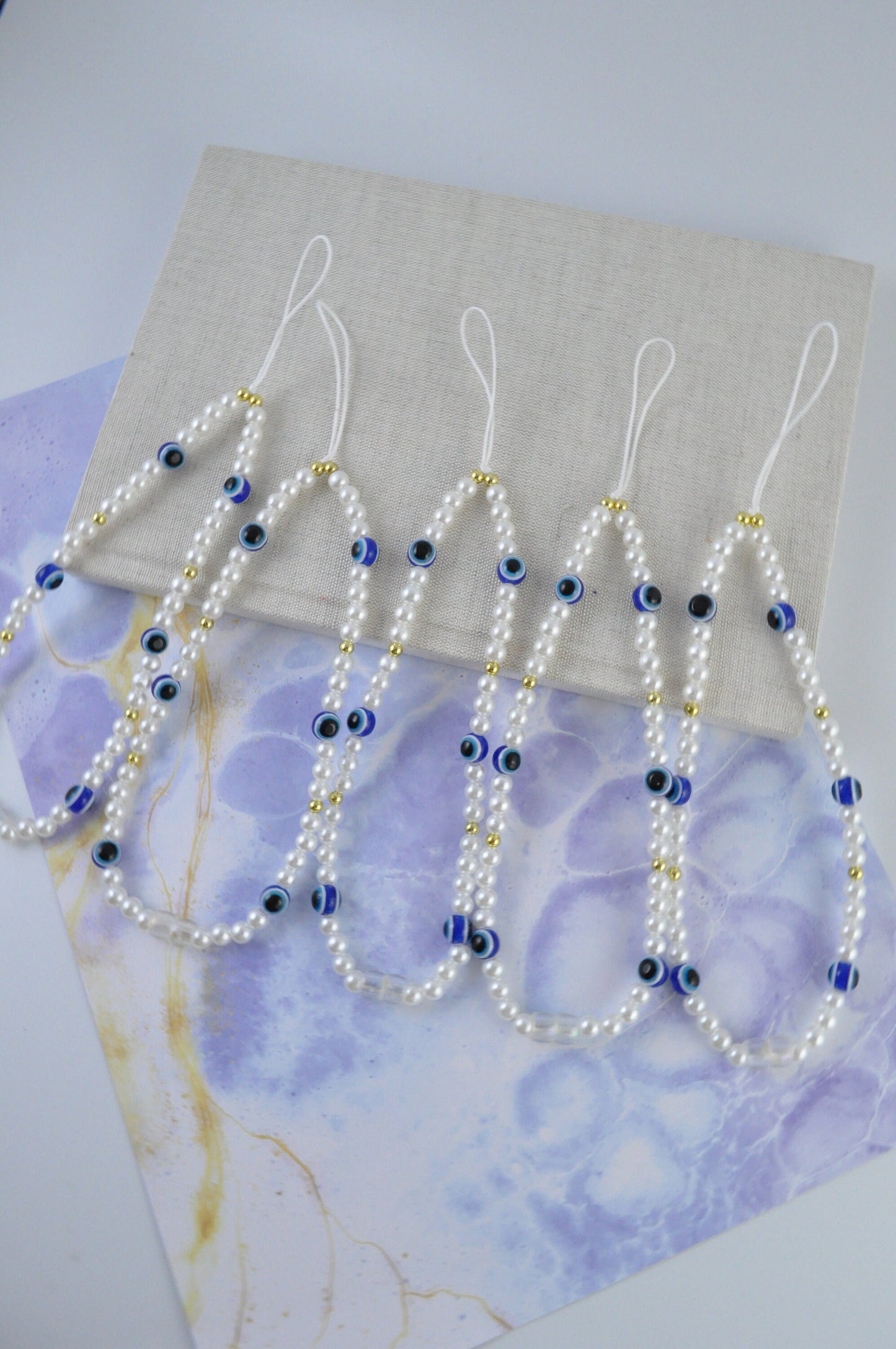 Protective Evil Eye Phone Charm Strap | Personalised Beaded Phone Strap | Handmade Pearl Beaded Accessory