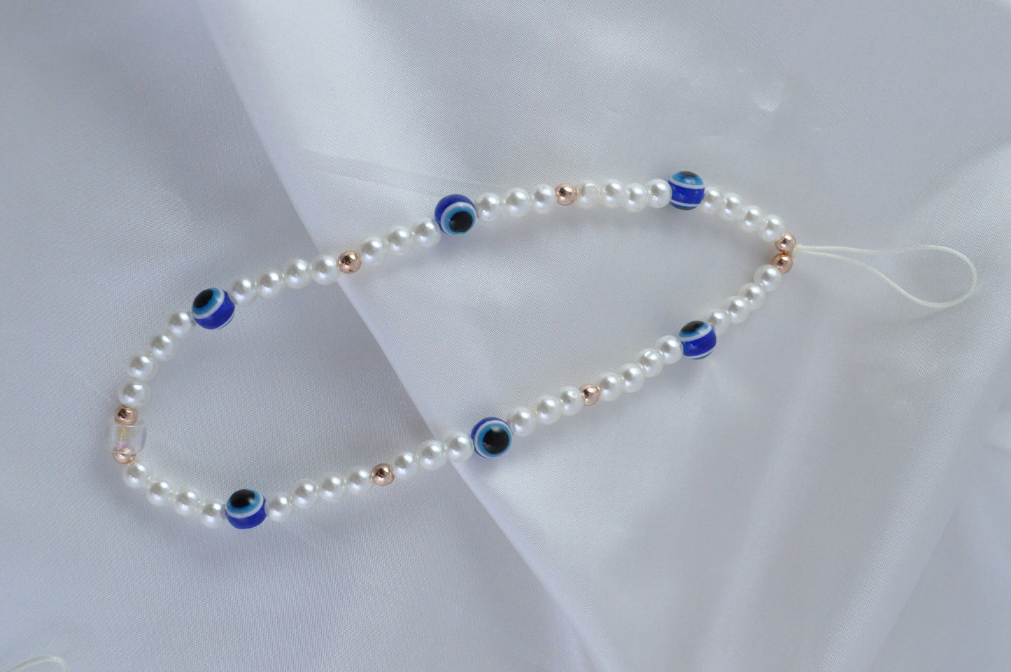 Protective Evil Eye Phone Charm Strap | Personalised Beaded Phone Strap | Handmade Pearl Beaded Accessory
