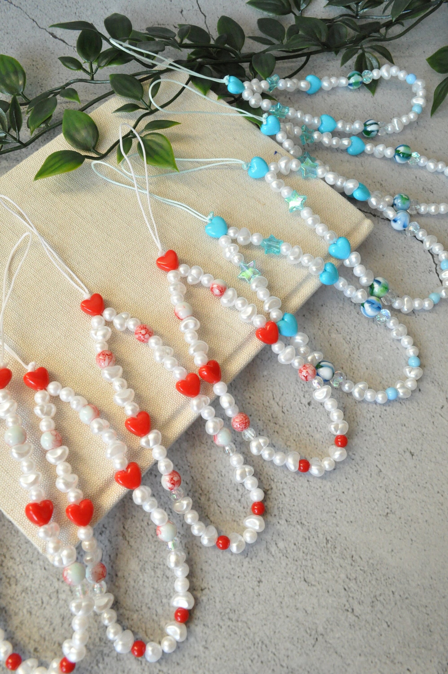 Red & Blue Heart Beaded Phone Strap