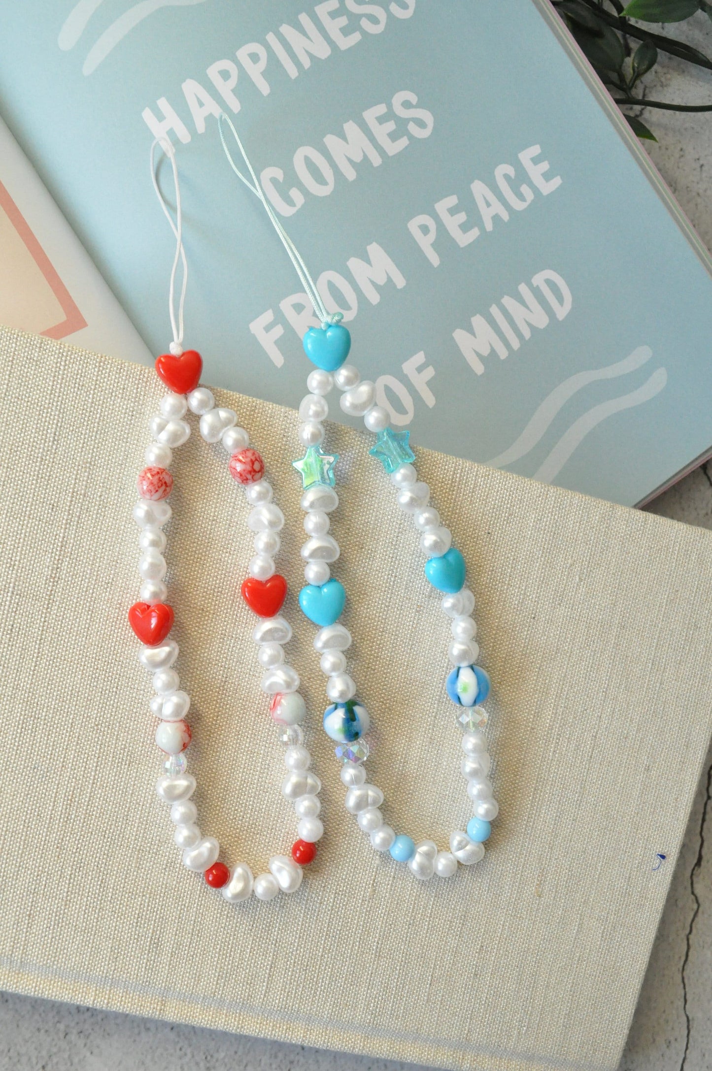Red & Blue Heart Beaded Phone Strap