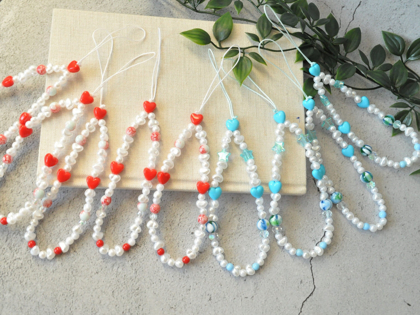 Red & Blue Heart Beaded Phone Strap