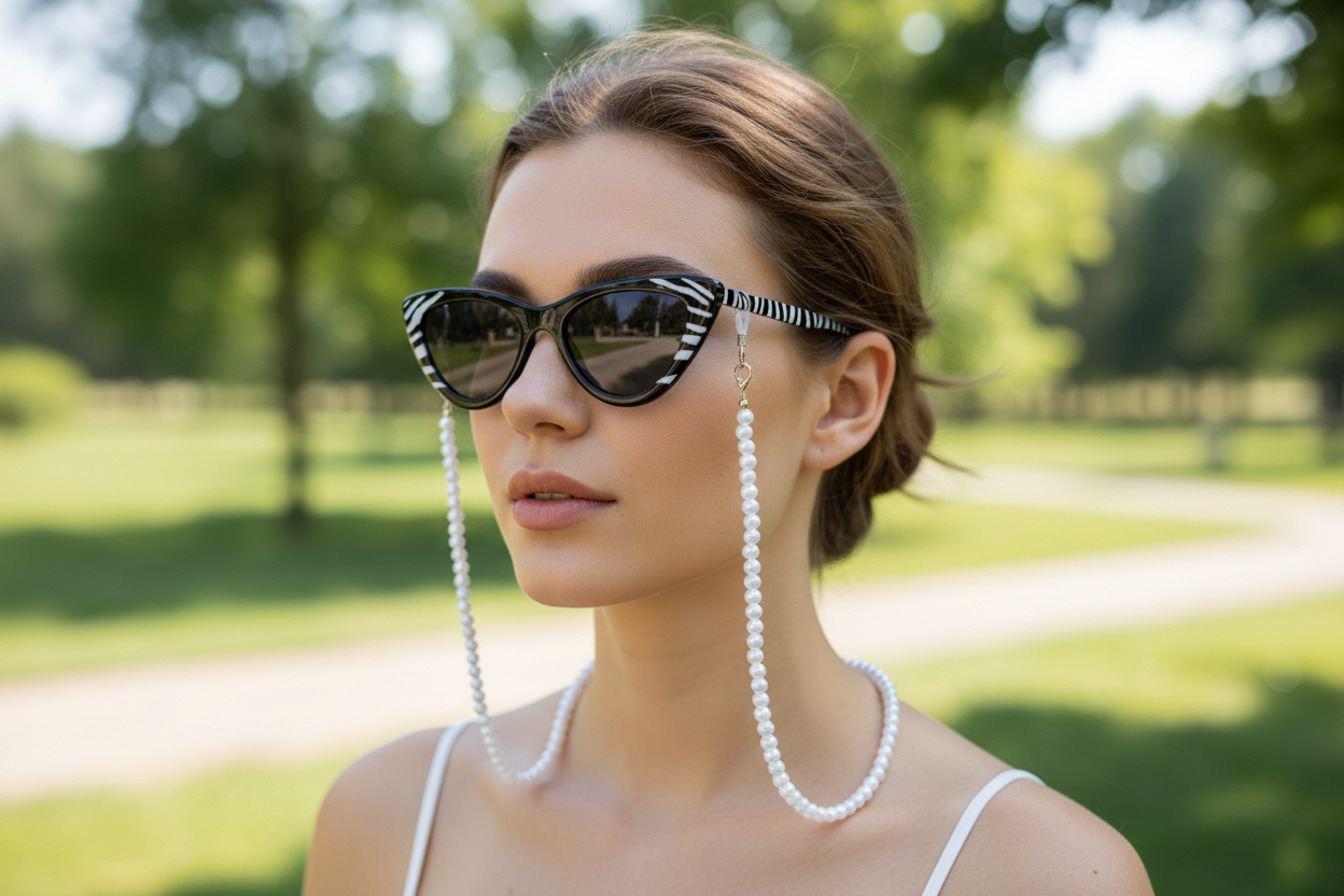 Woman wearing sunglasses with pearl chains in a park setting