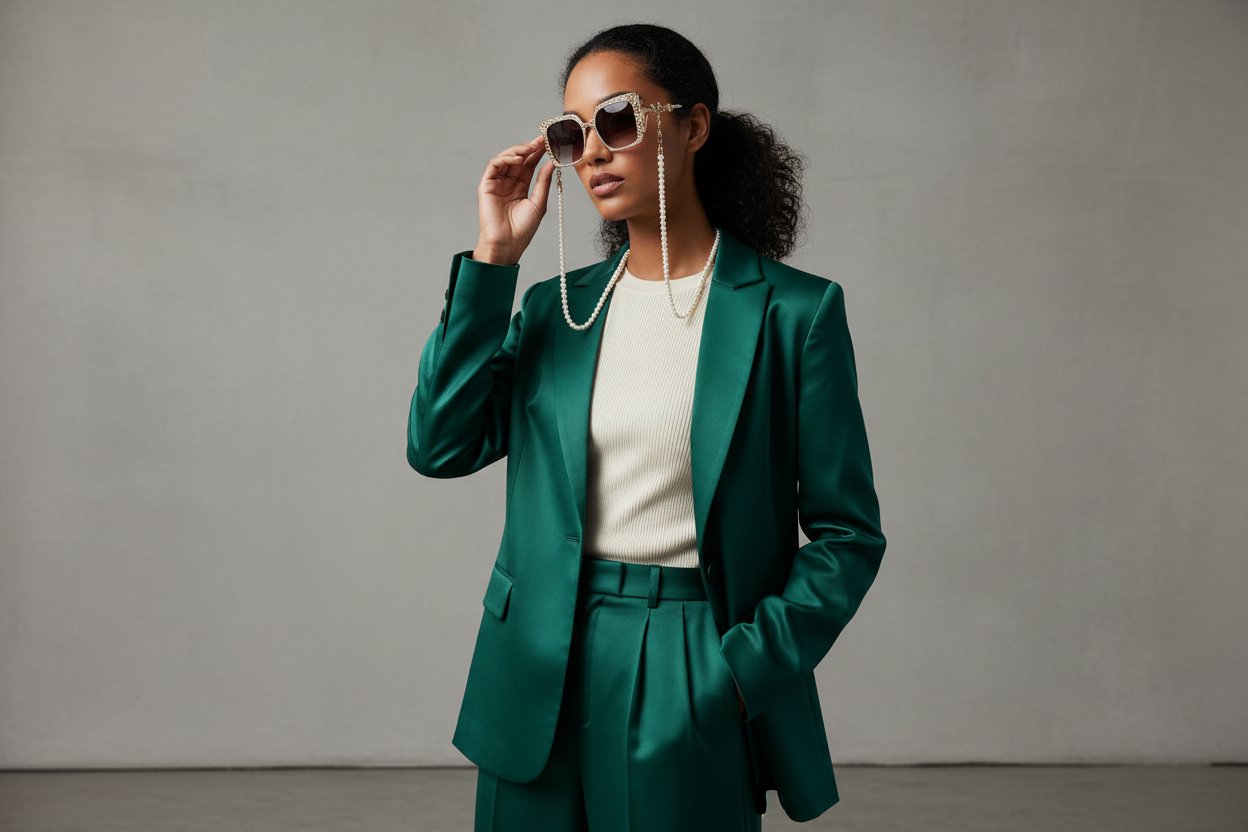 Woman wearing a green suit and sunglasses against a gray background