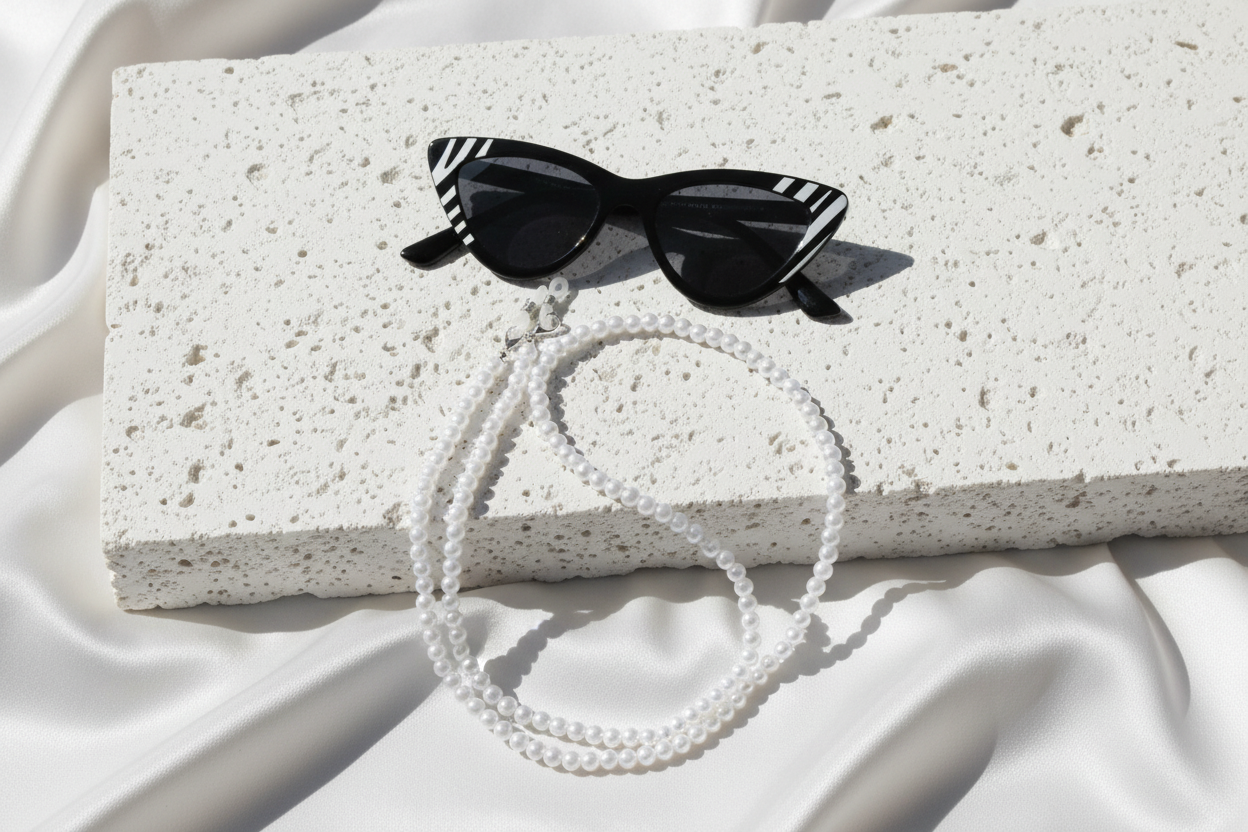 Black sunglasses with a chain on a textured white surface