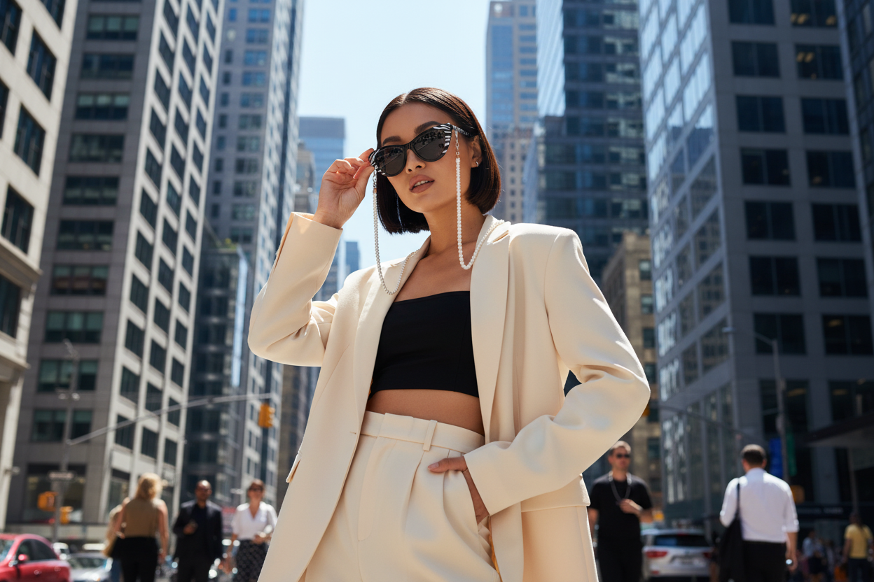Woman in a stylish outfit with sunglasses and a white blazer in an urban setting