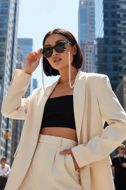 Woman in a stylish outfit with sunglasses and a white blazer in an urban setting