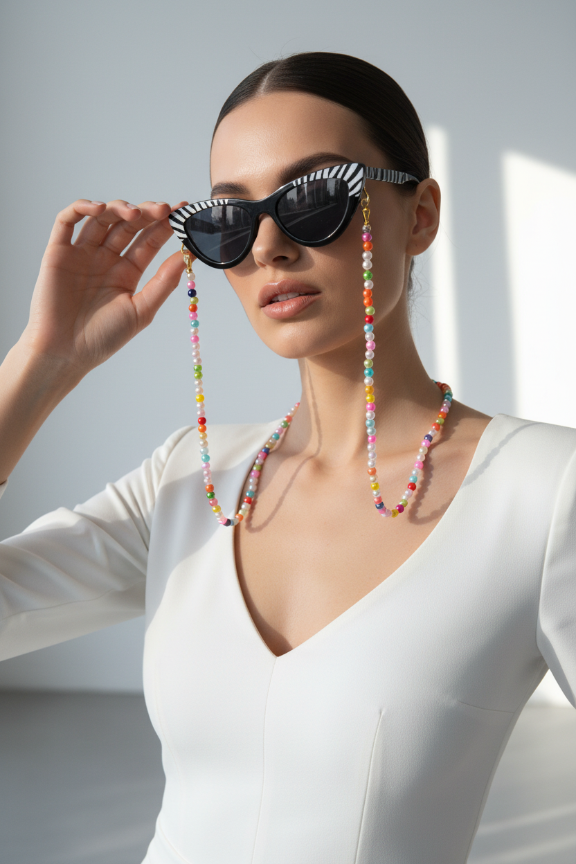Woman wearing colorful sunglasses with a beaded chain, white top, and necklace against a light background