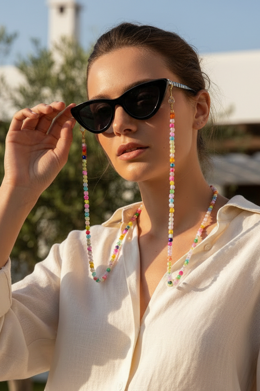 Woman wearing sunglasses with colorful chain, white shirt, and necklace outdoors.