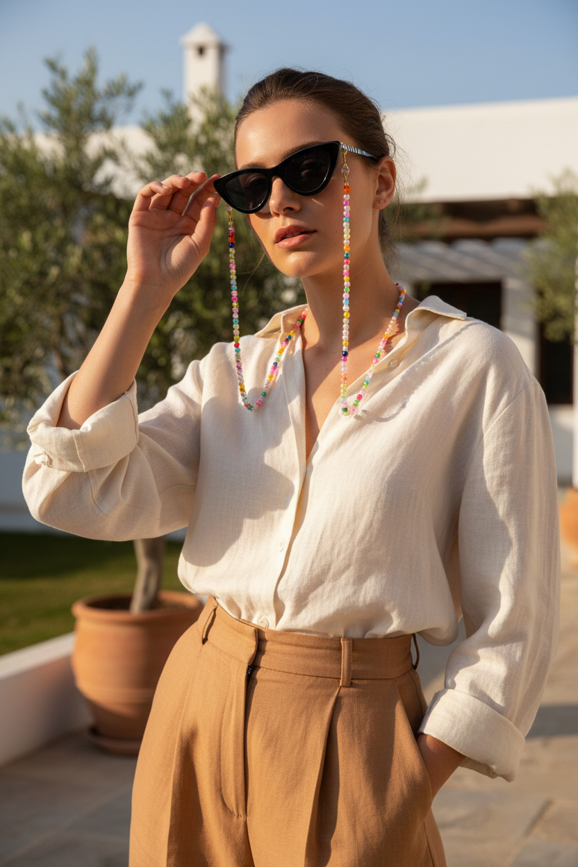 Woman wearing sunglasses with colorful chains, white blouse, and brown pants outdoors.