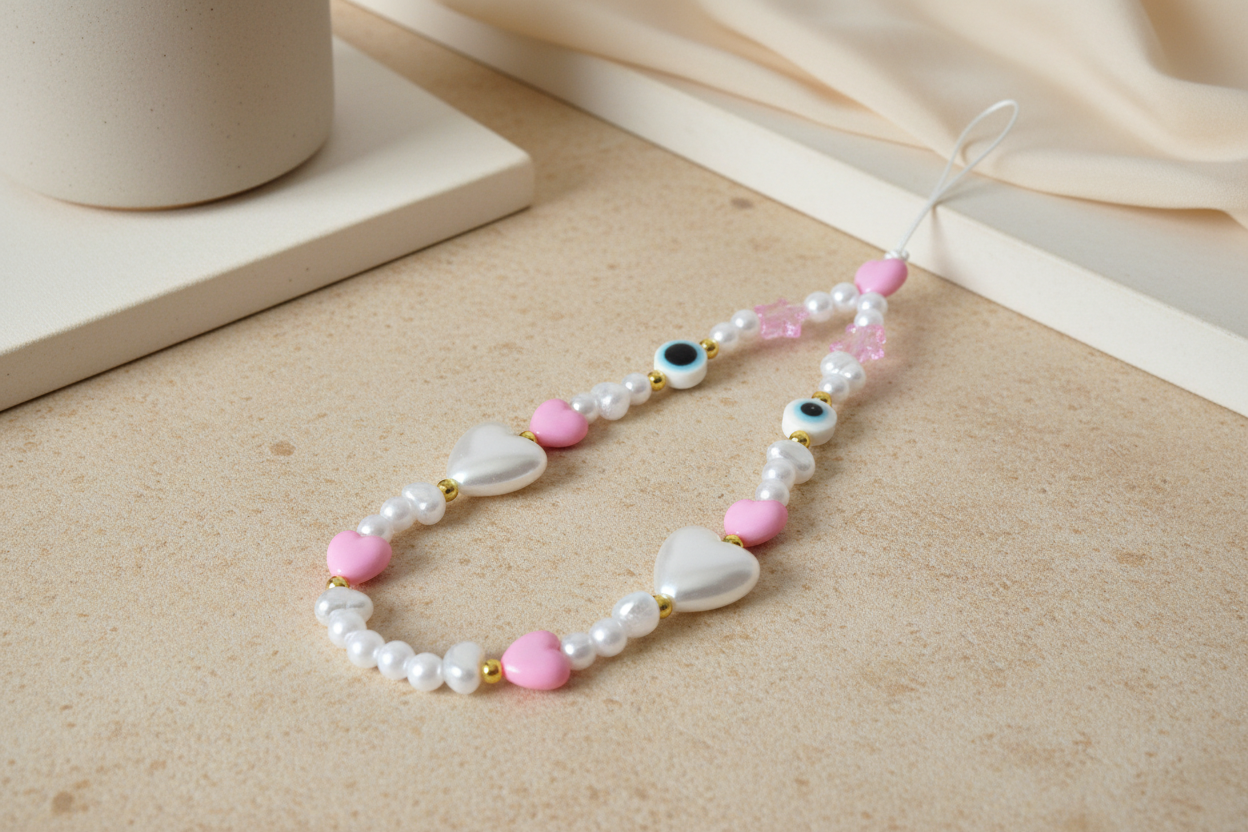 Phone charm with heart-shaped pearls and pink beads on a beige surface