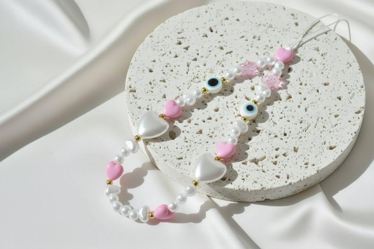Phone charm item with beads and flowers on a textured white surface