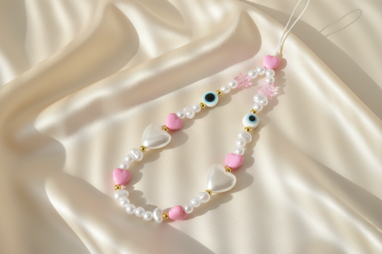 Beaded phone charm with heart-shaped and round beads on a satin surface