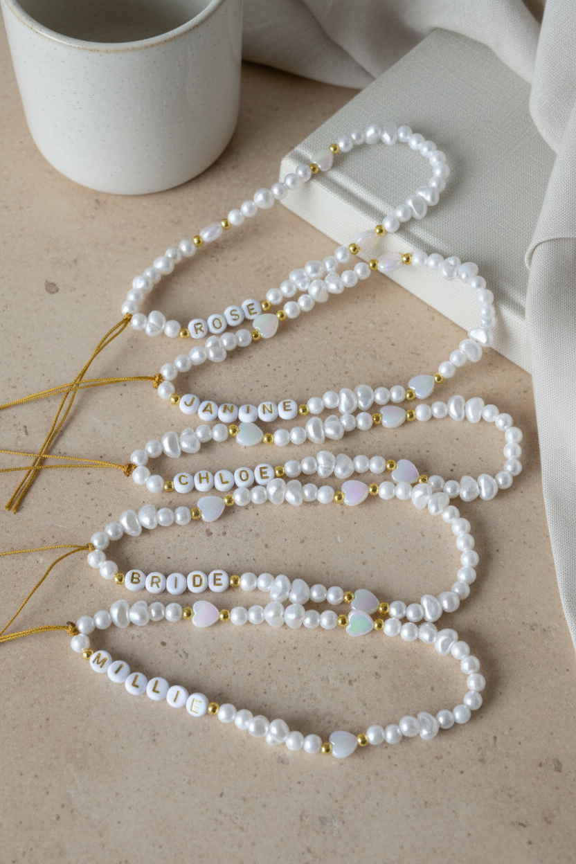 Pearl necklace with heart-shaped beads on a beige surface with a white cup and book in the background.