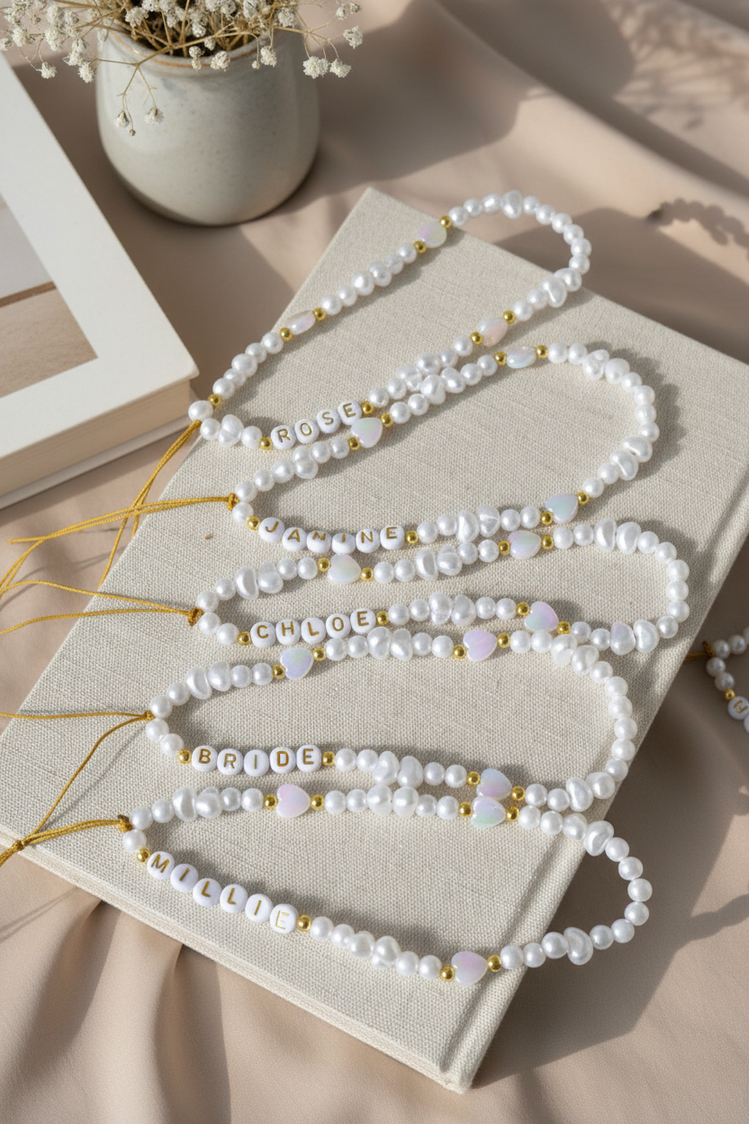 Pearl necklace with gold accents on a beige surface with a soft focus background