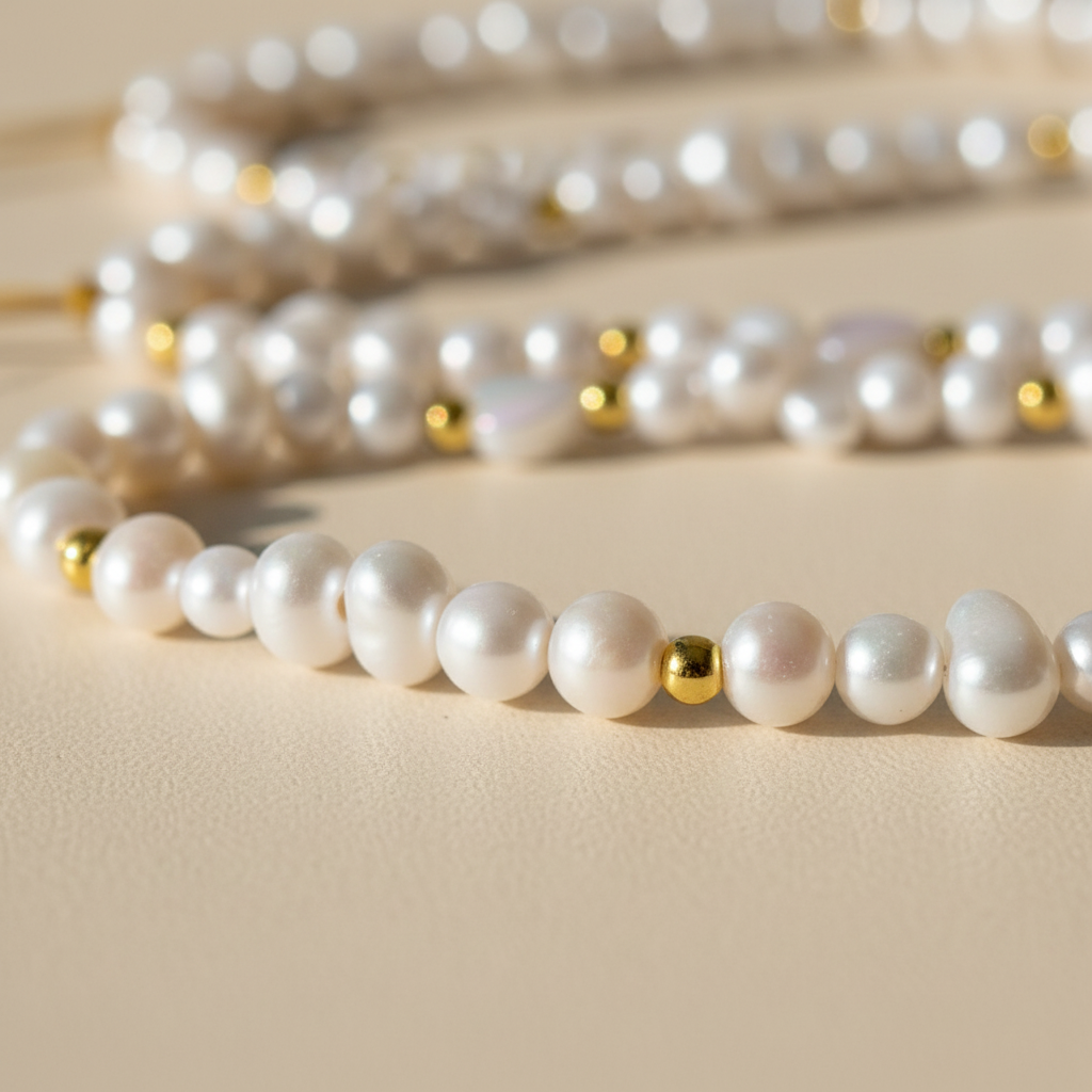 Pearl necklace with gold beads on a beige surface