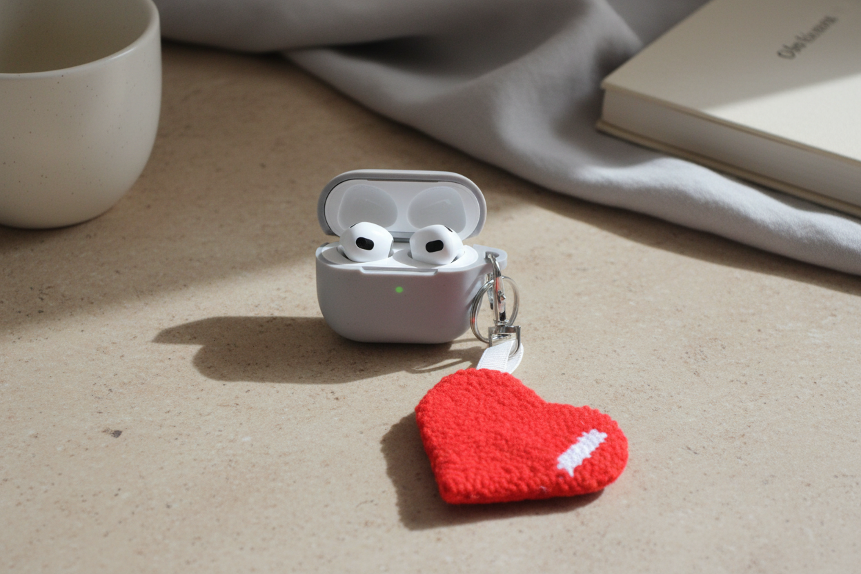 White wireless earbuds in a case with a red heart-shaped keychain on a beige surface.