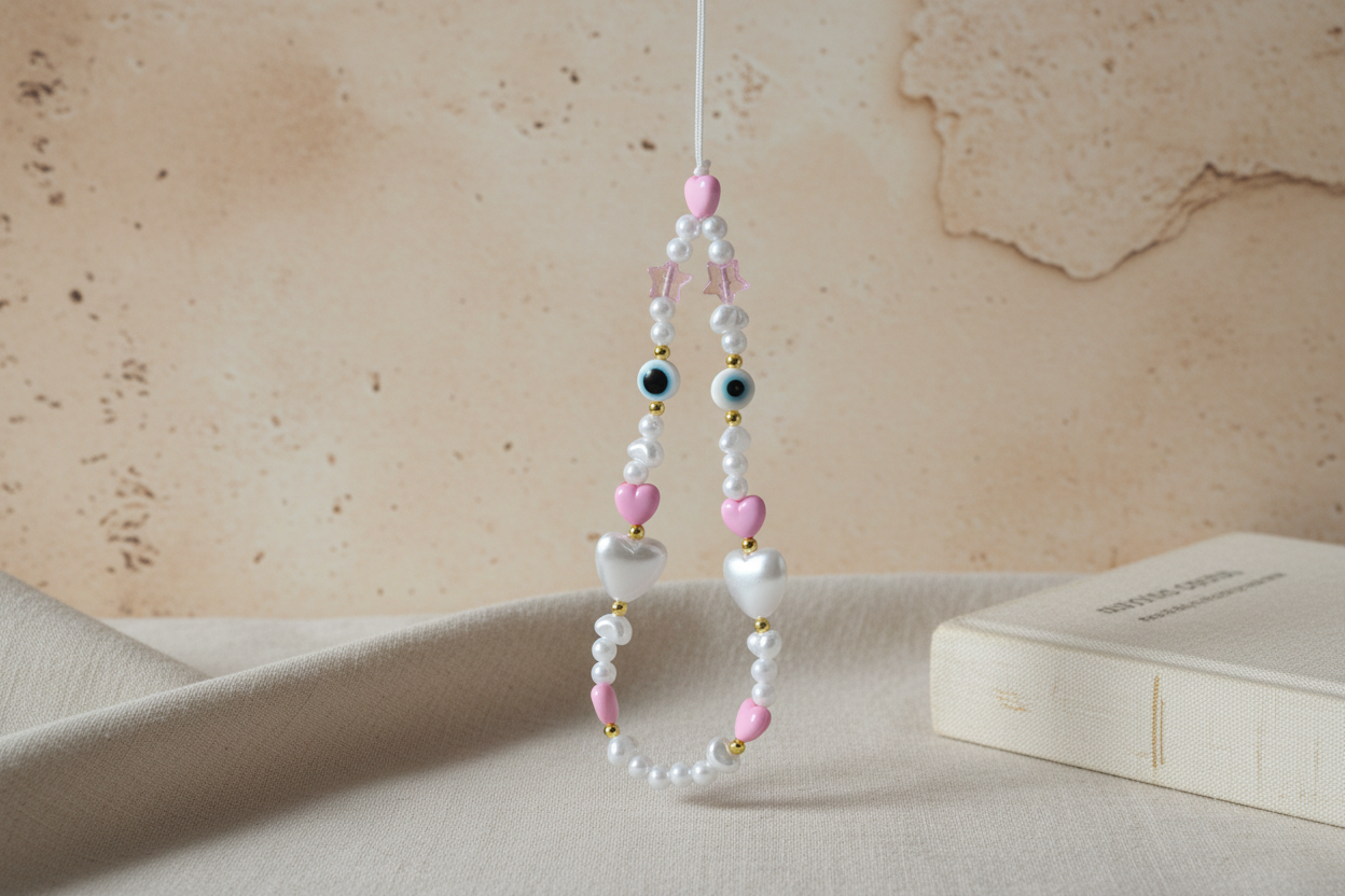 Beaded phone charm with pink and white beads on a textured surface