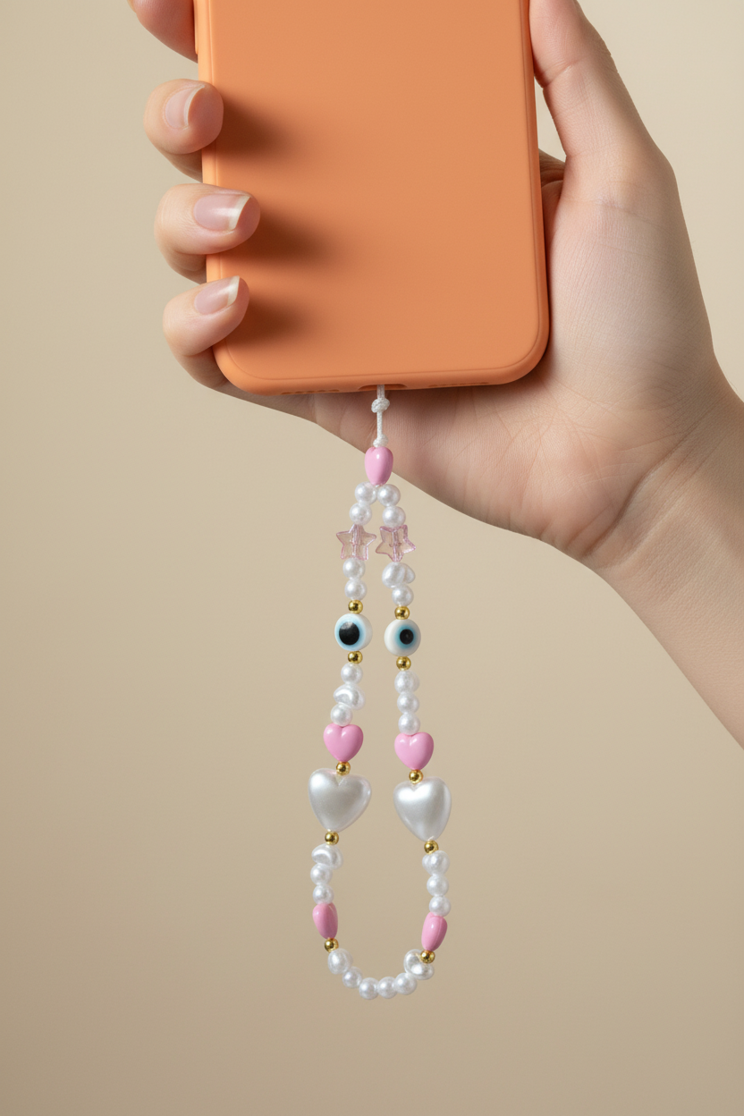 Hand holding an orange phone with a decorative beaded phone charm on a beige background