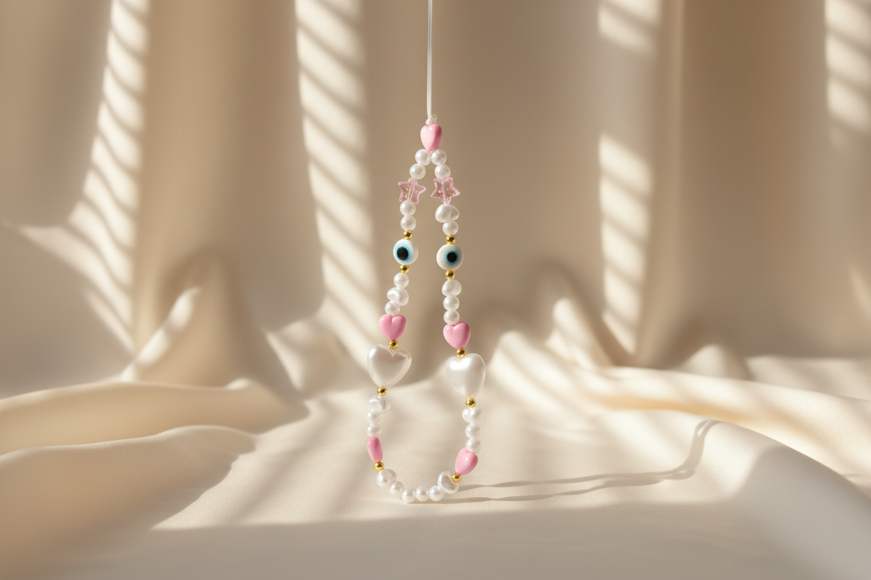Beaded phone charm with heart-shaped beads on a beige fabric background