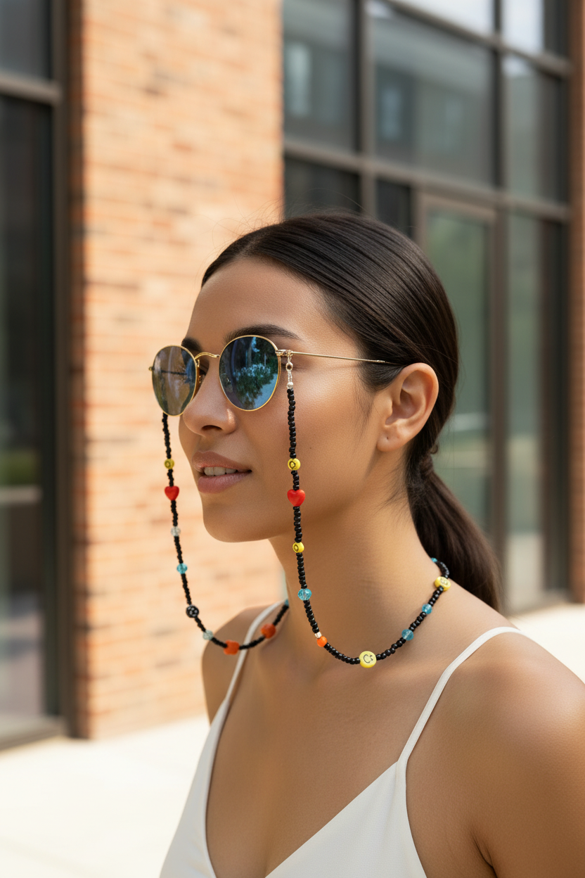 Woman wearing sunglasses with a colorful beaded chain, standing in front of a brick building.