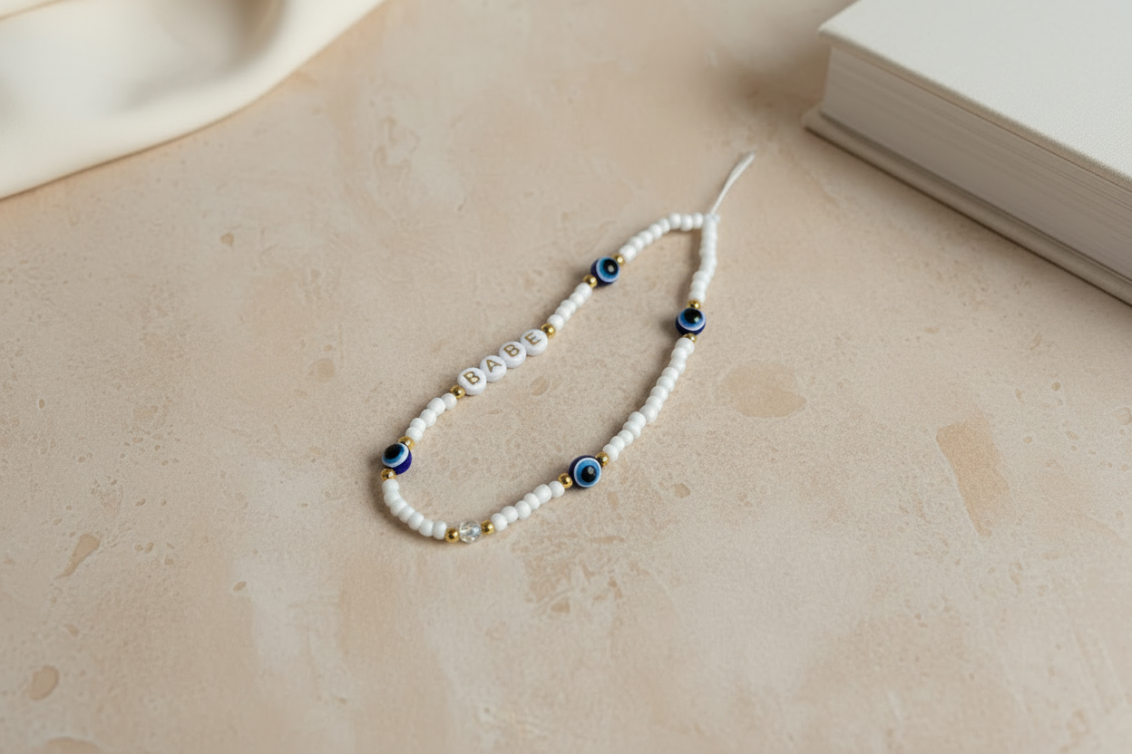 Pearl necklace with blue and gold accents on a beige surface