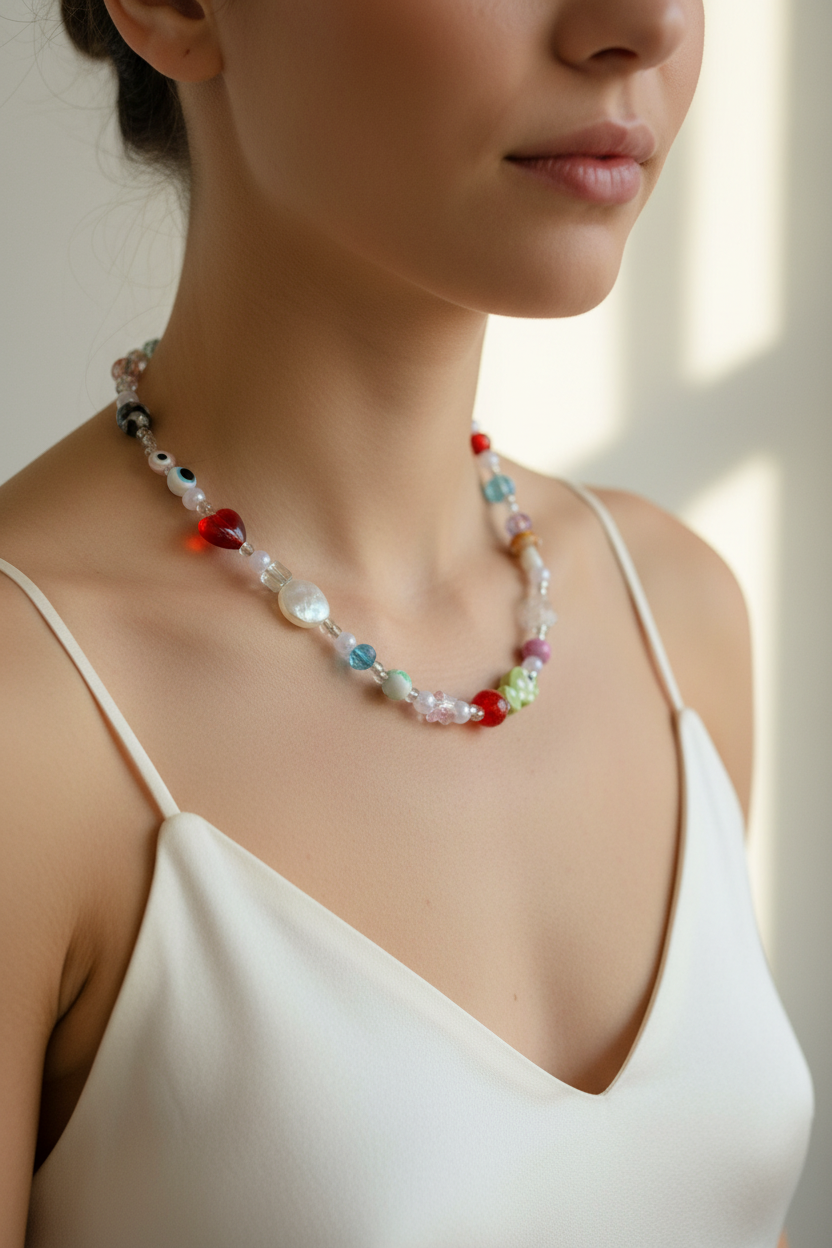 Colorful beaded necklace on a gray surface