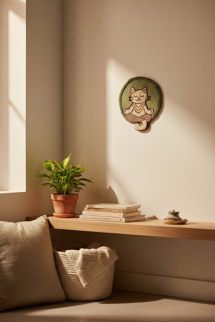 Meditating Cat Punch Needle Wall Art