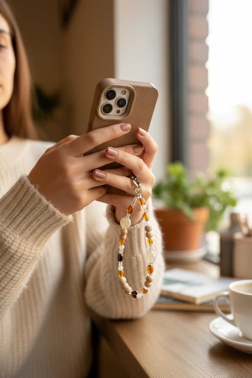 Beaded phone charm on a concrete surface with a phone case in the background