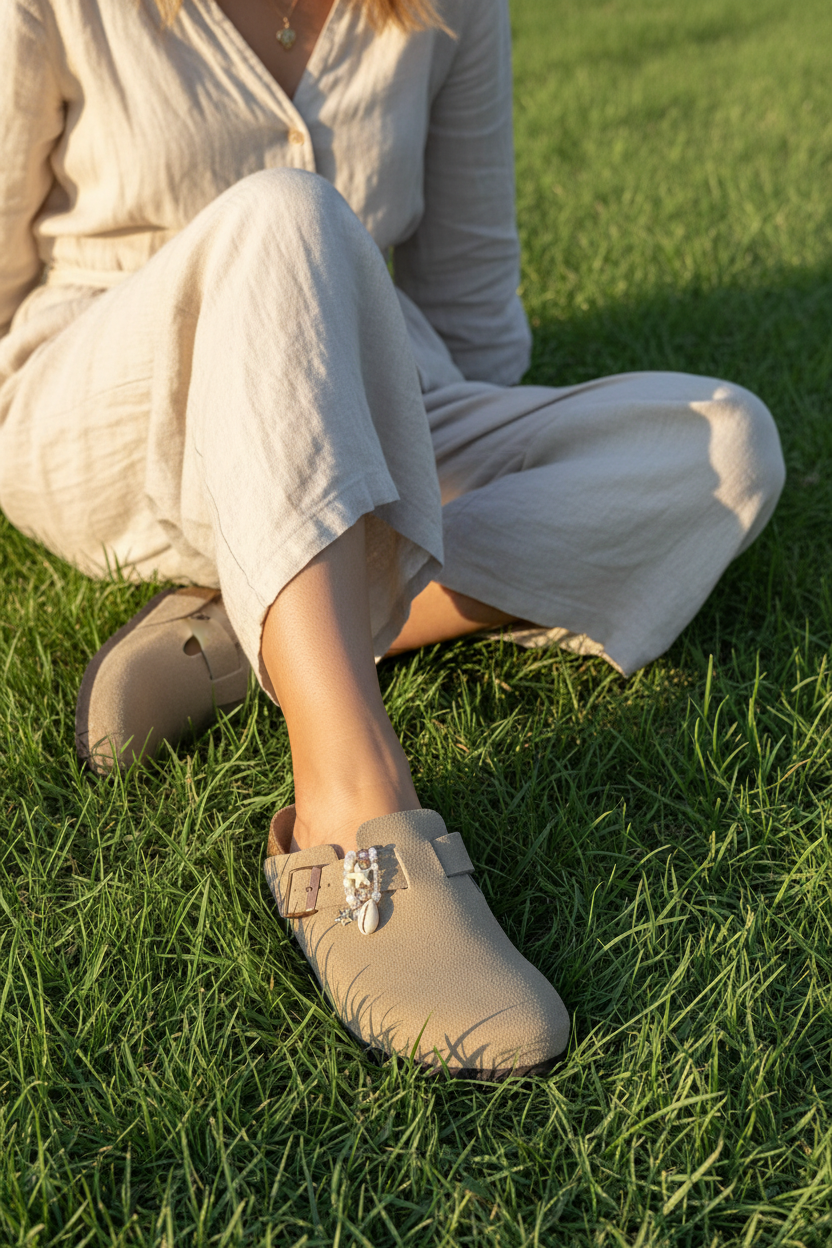 Person wearing beige clogs with clog charms sitting on grass