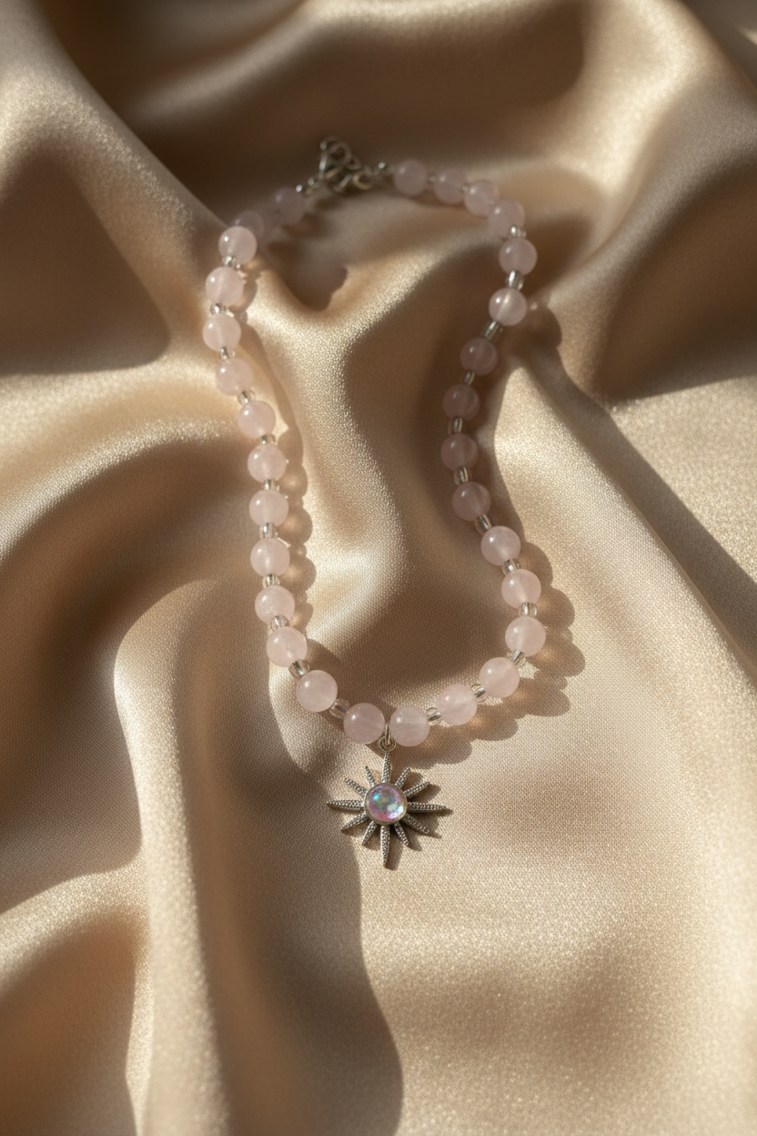 Necklace with pink beads and star-shaped pendant on beige fabric