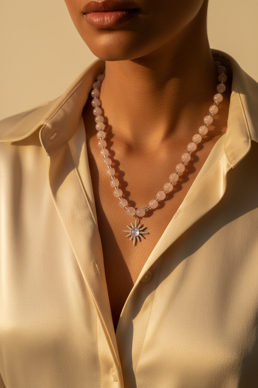 Necklace with a star-shaped pendant worn by a person in a beige shirt against a warm-toned background