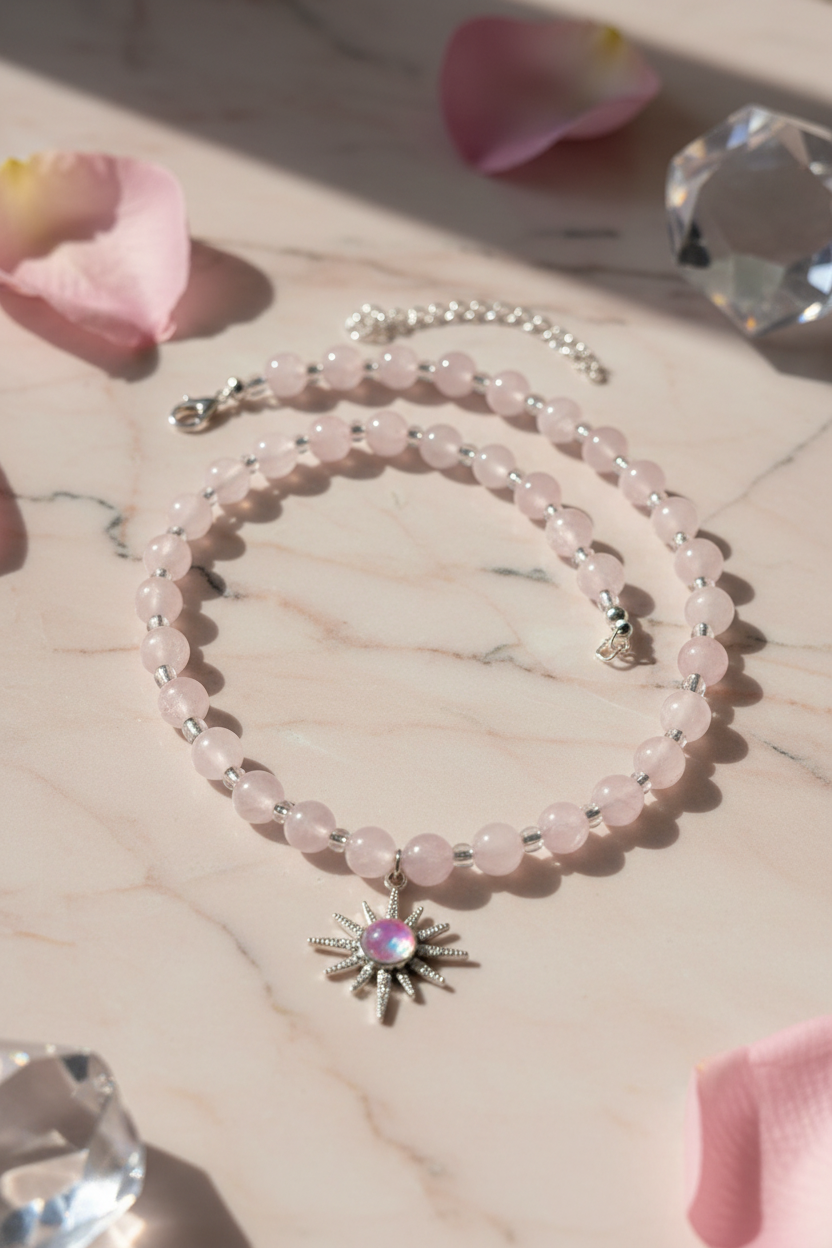 Bracelet with a sun charm on a marble surface with pink petals and crystals.