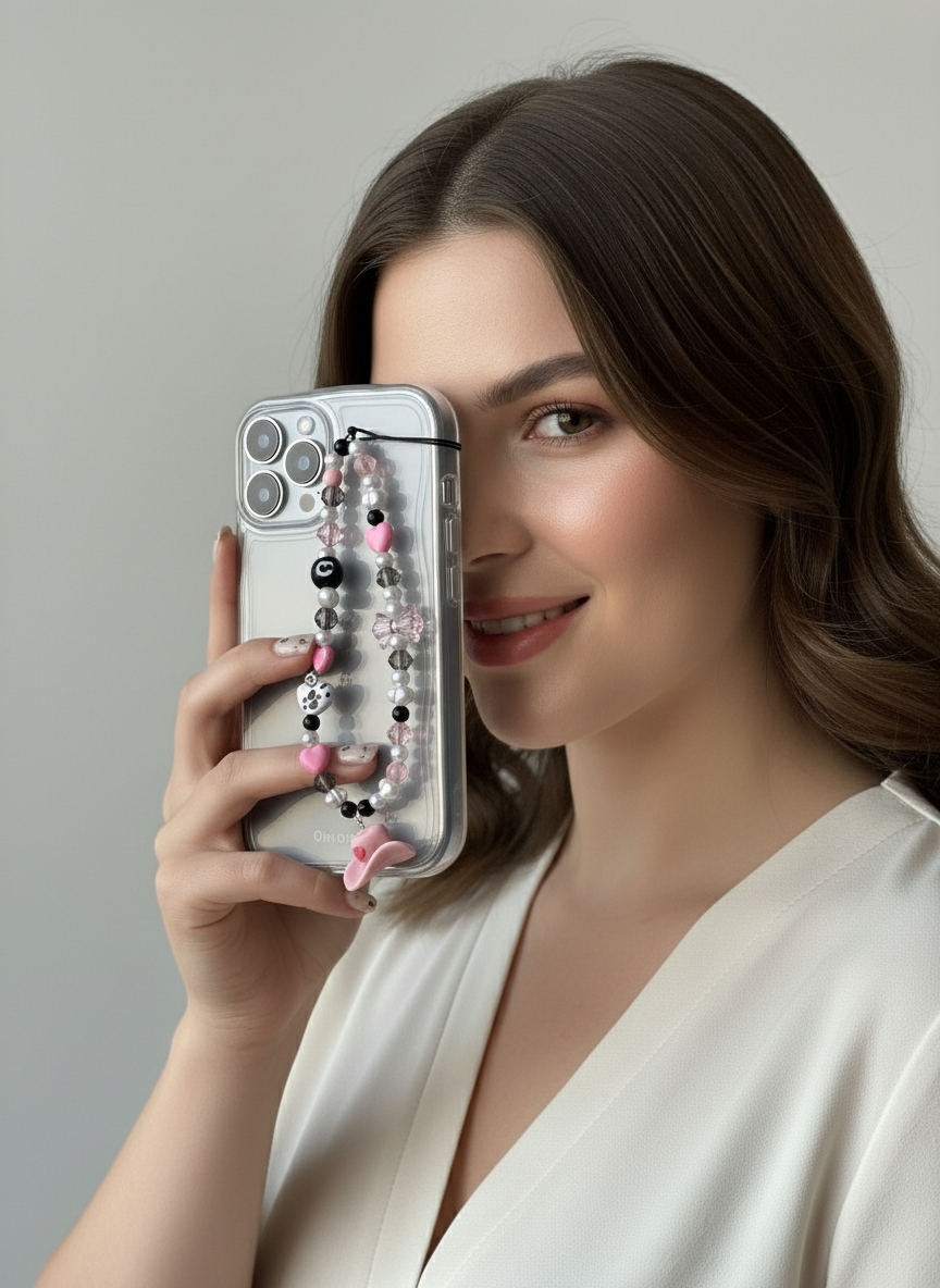 Woman holding a phone with a decorative case with a beaded phone charm attached against a neutral background