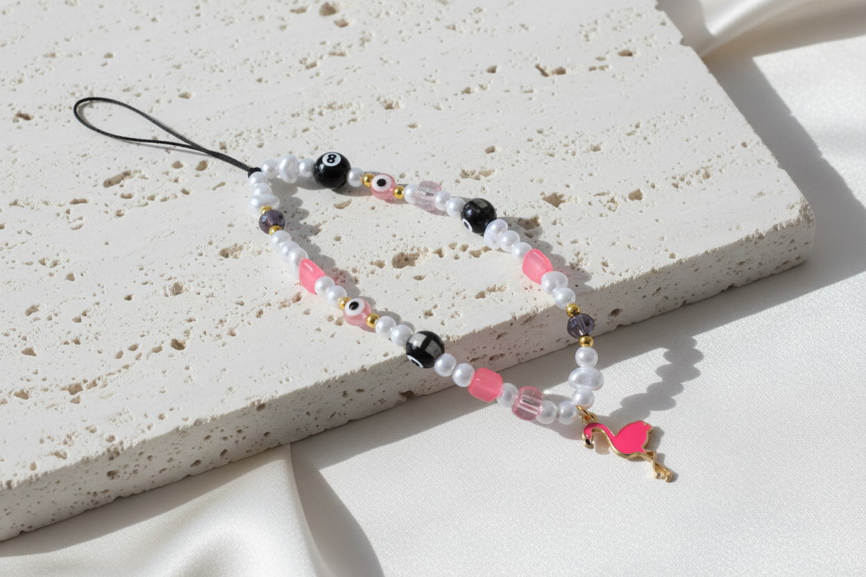 A pink flamingo phone charm with white and pink beads, black and gold accents, and a black phone strap attached to a pink postcard.