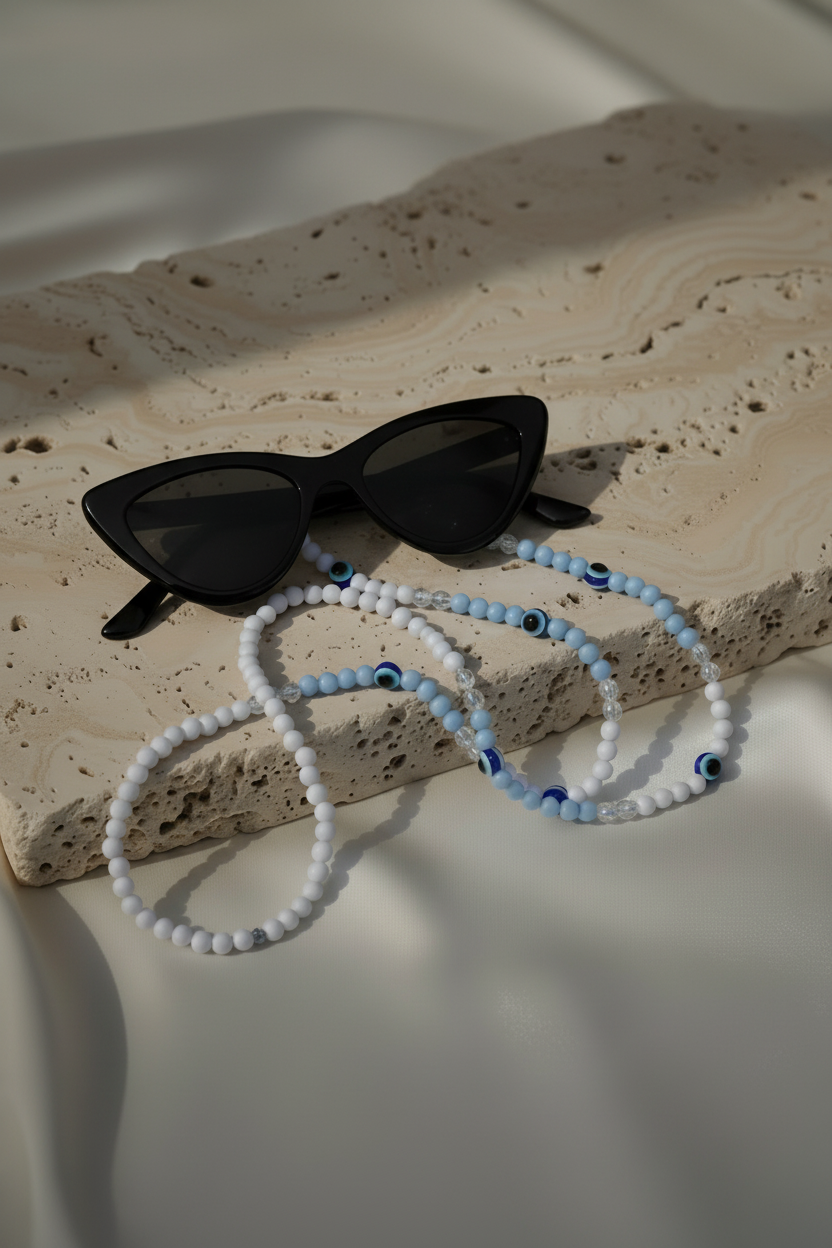 Black sunglasses with beaded straps on a stone surface