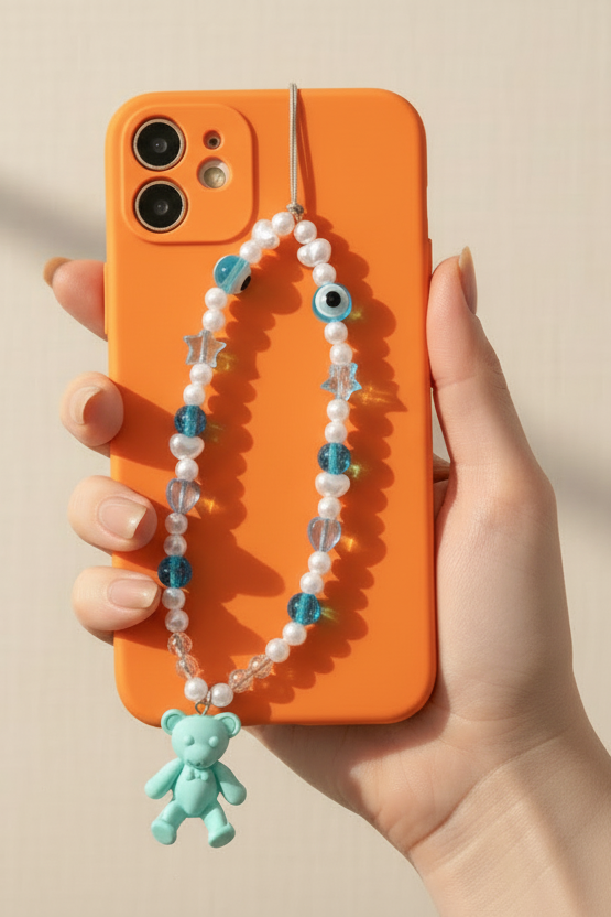 Hand holding an orange phone with a turquoise teddy bear charm on a beige background