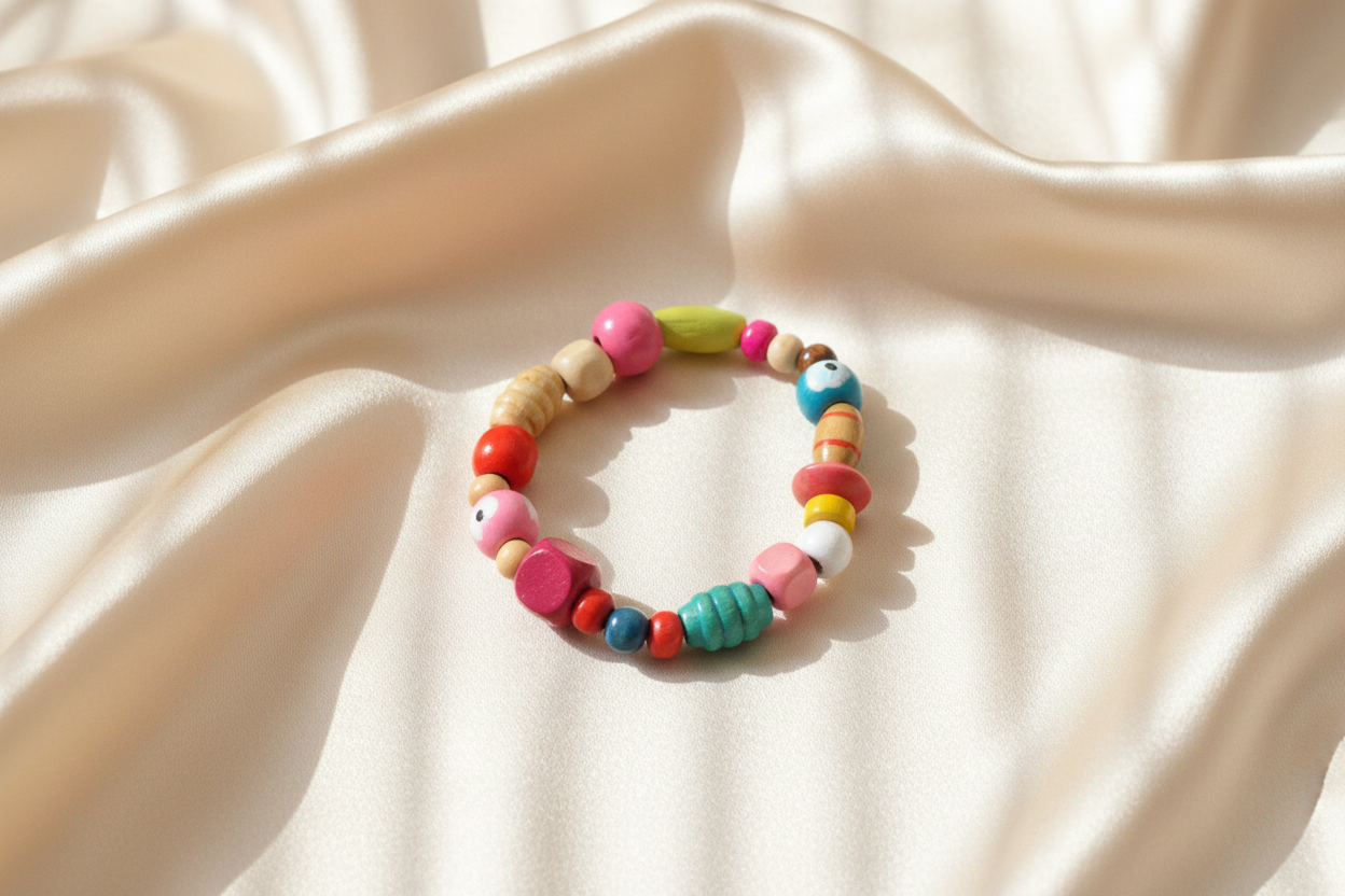 Colorful beaded bracelet on a beige fabric background