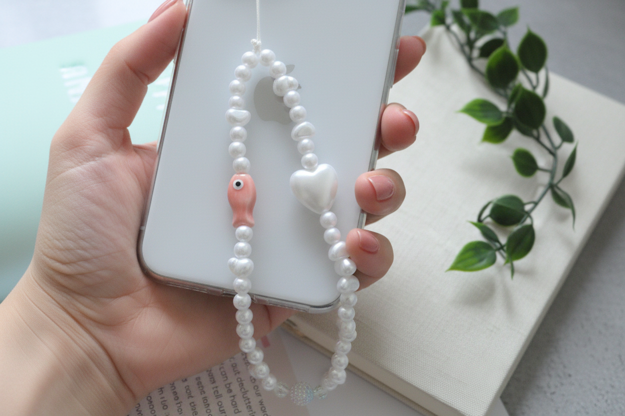 Hand holding a smartphone with a pearl necklace draped over it, on a light surface with greenery.